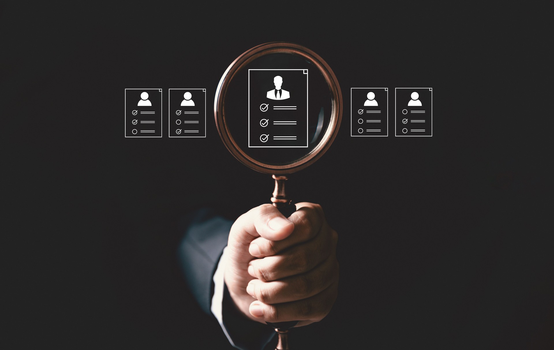 Concept of human resource recruitment visuals of magnifying glass highlighting ideal candidate icon, symbolizing process of headhunting, talent acquisition, employee selection, effective hiring.