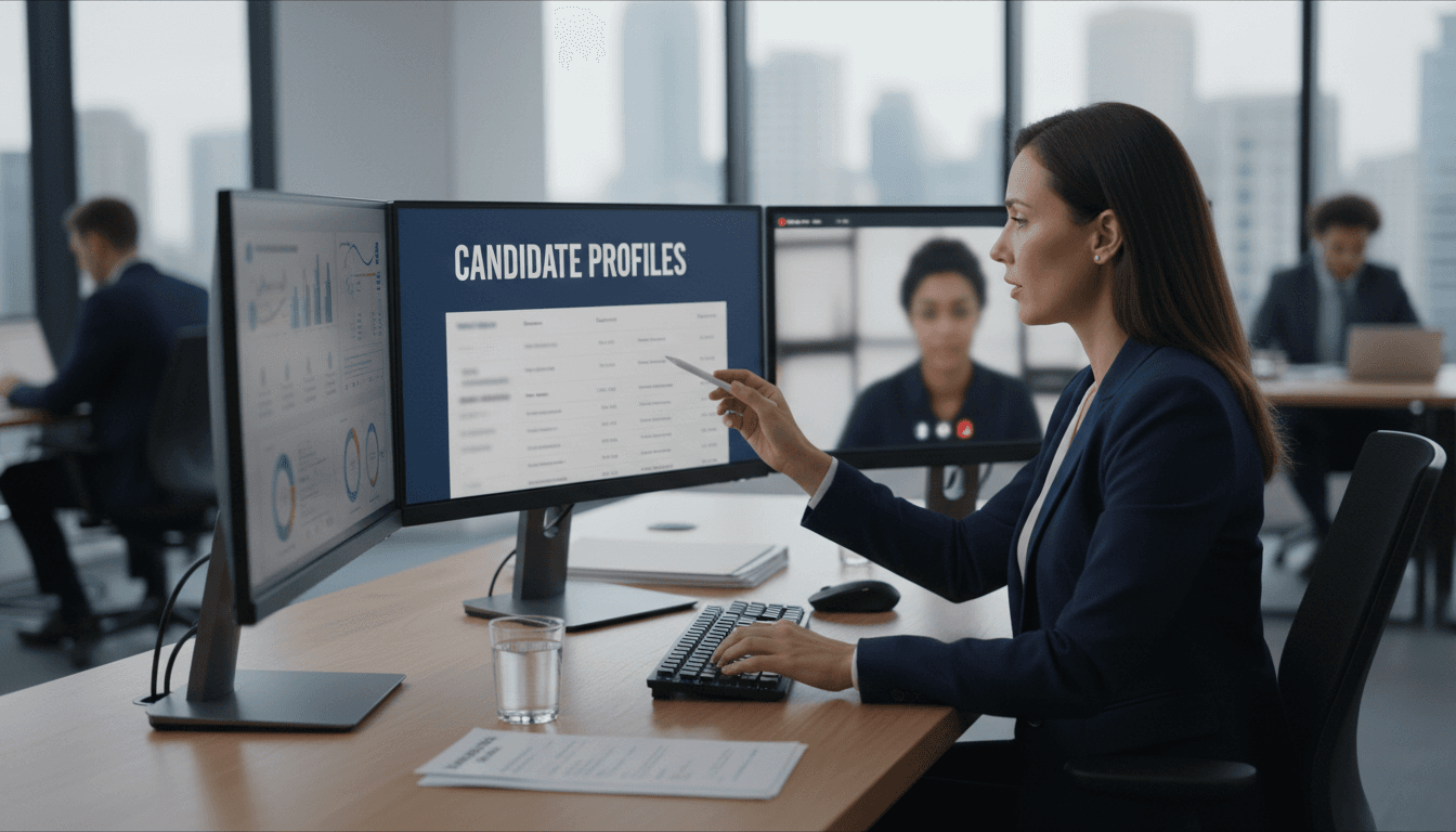 Recruiter reviewing candidate profiles at office desk