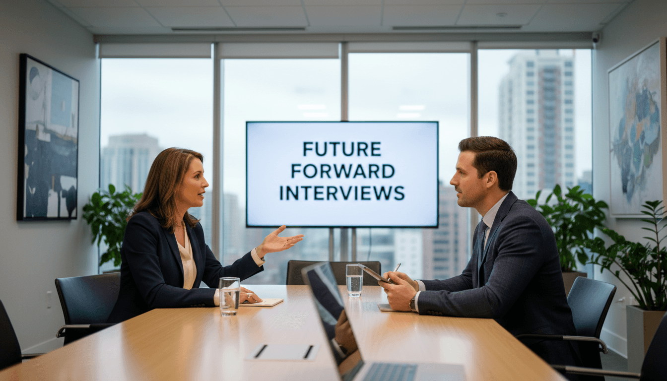 Professional recruiter interviewing a candidate in a modern office environment