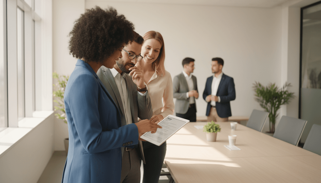 Professional recruiters reviewing a candidate resume in a modern office