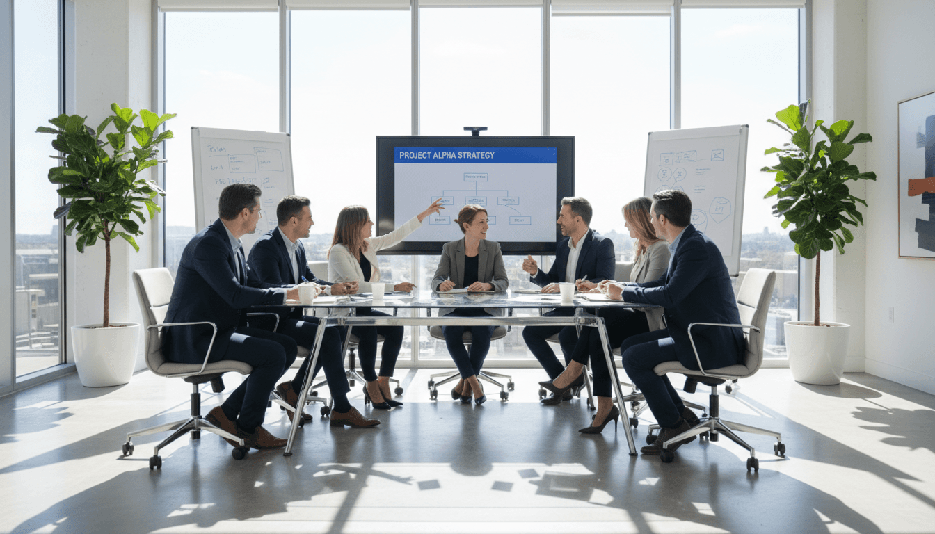 Professional team collaborating in modern office environment