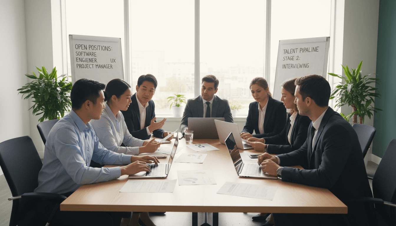 Professional recruitment team collaborating in modern office setting