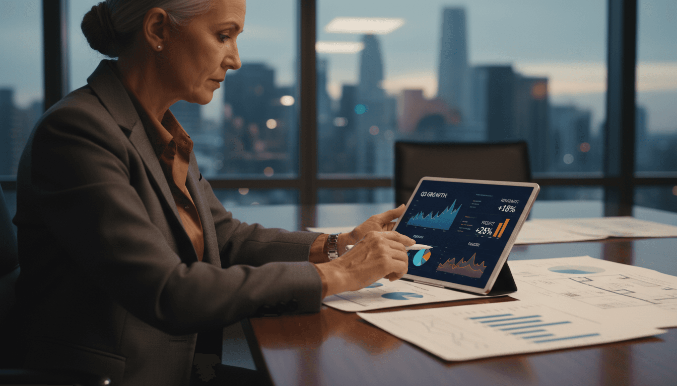Senior manager reviewing business metrics and performance data