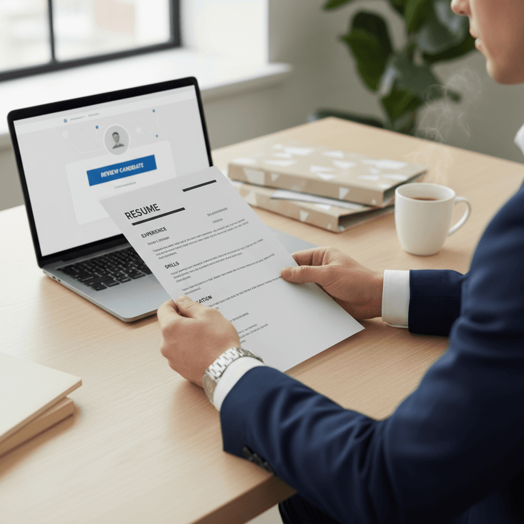 Job seeker reviewing resume with recruiter in modern office