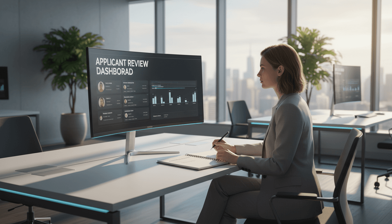 Recruiter reviewing candidate profiles at office desk